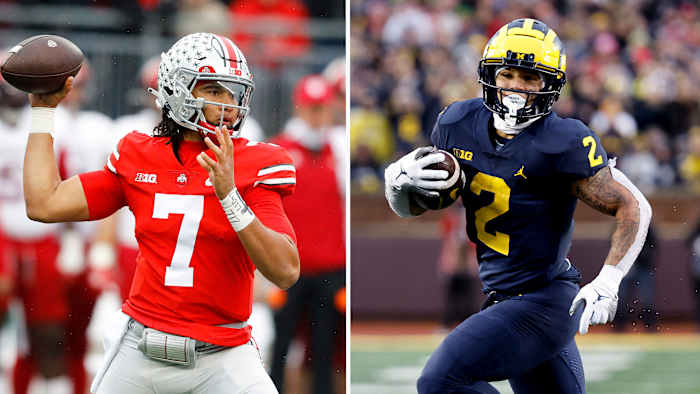 C.J. Stroud throws and Blake Corum runs